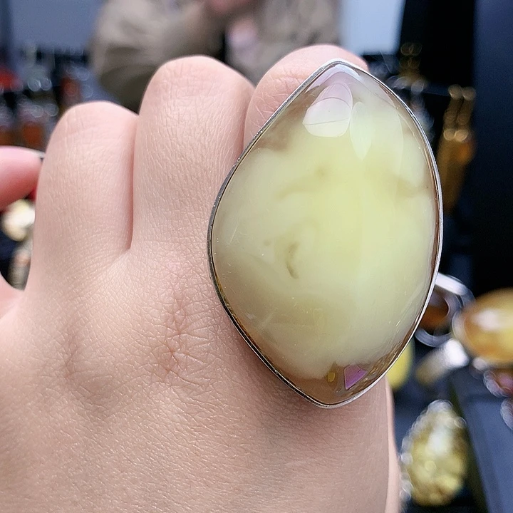 琥珀裸石银S925镶嵌戒指