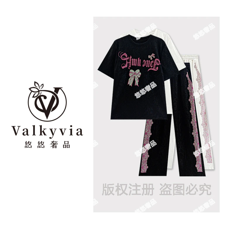 【Valkyvia/悠悠奢品】重工烫钻蝴蝶字母休闲百搭套装TZ2325