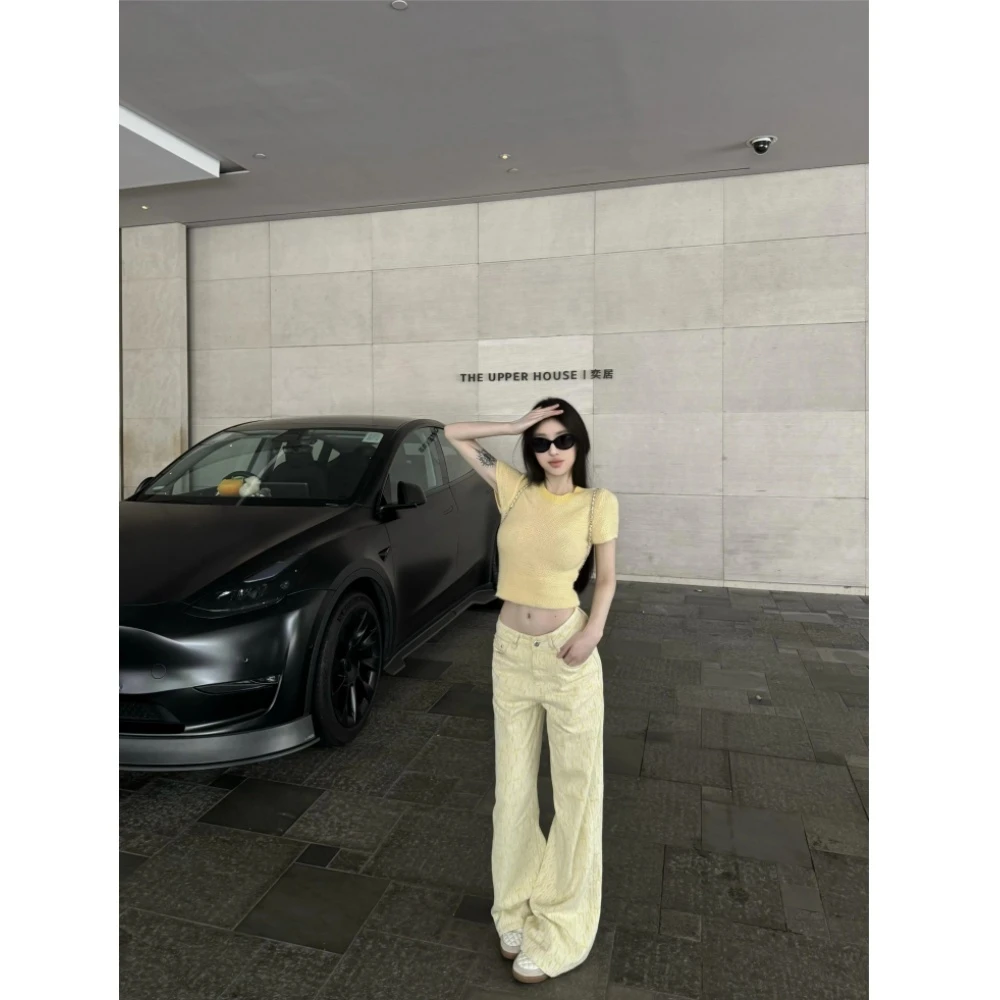 向晚·芝士逃跑计划时髦百搭高腰直筒黄色印花牛仔裤女
