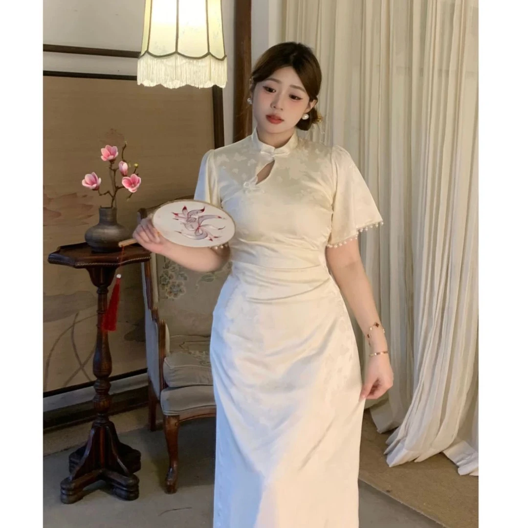 【清仓】2025新中式国风改良旗袍斜襟提花连衣裙中长款开叉显瘦