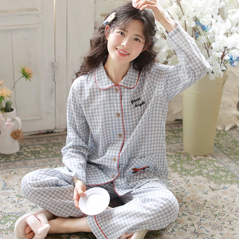 『眠岛』纯棉纱布睡衣女春秋季日系格子长袖套装简约休闲家居服