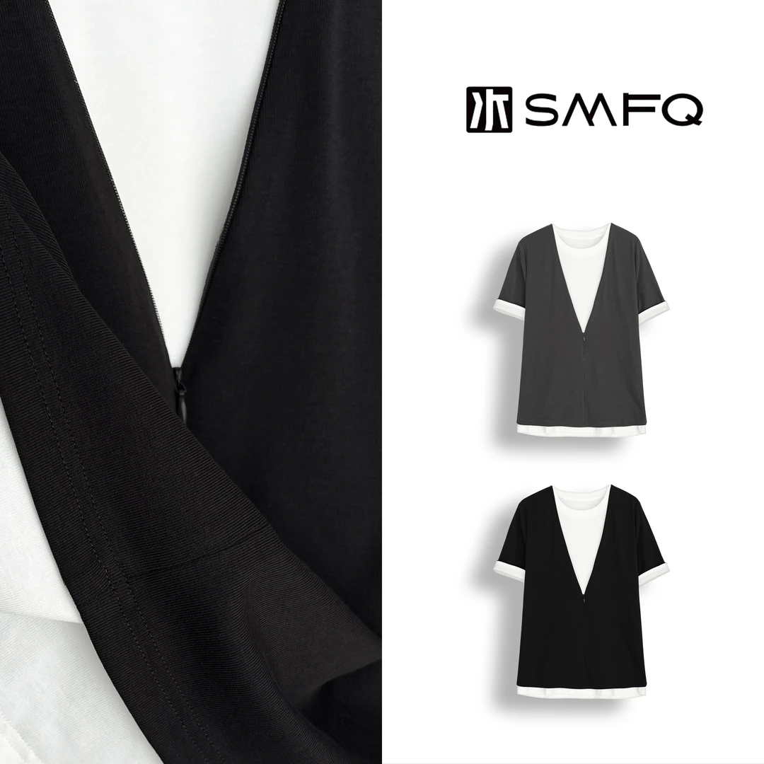 水木夫妻“层次交织”黑白拼色两件V领拉链短袖上衣SMGD0019