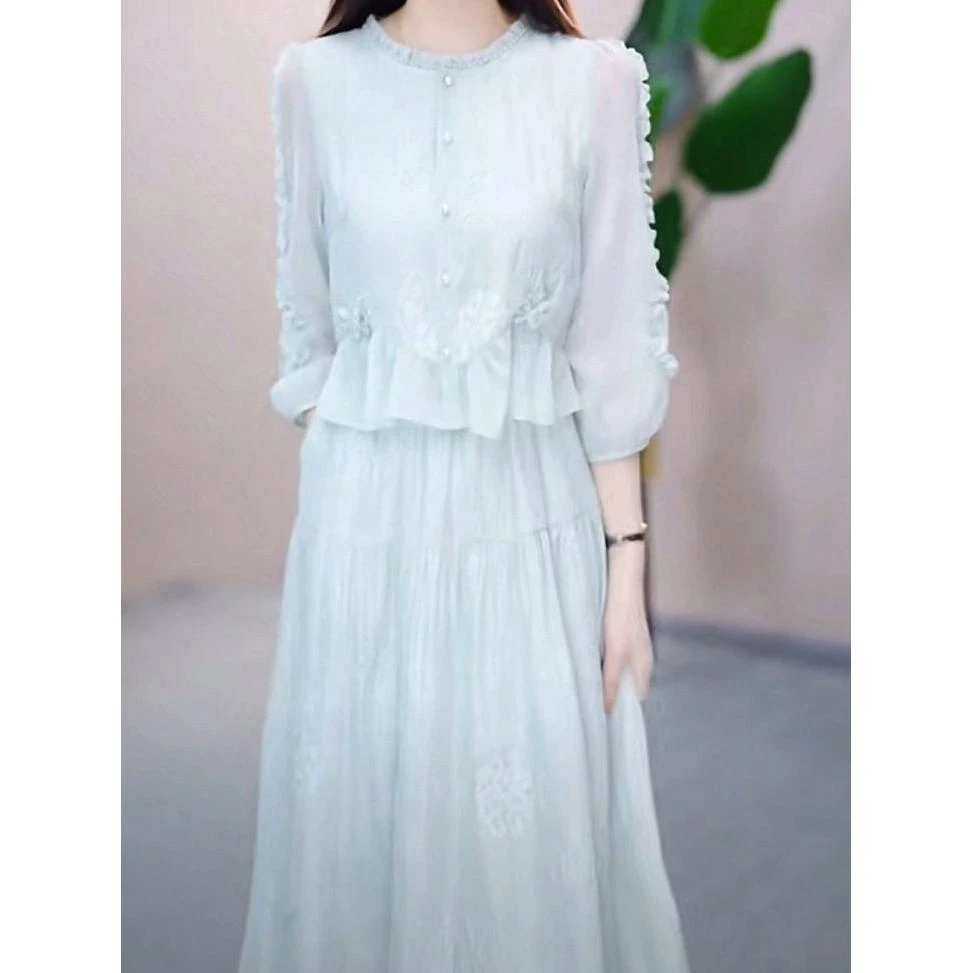 琉璃丝连衣裙2025春夏新款女装时尚气质减龄显瘦刺绣假两件套裙子