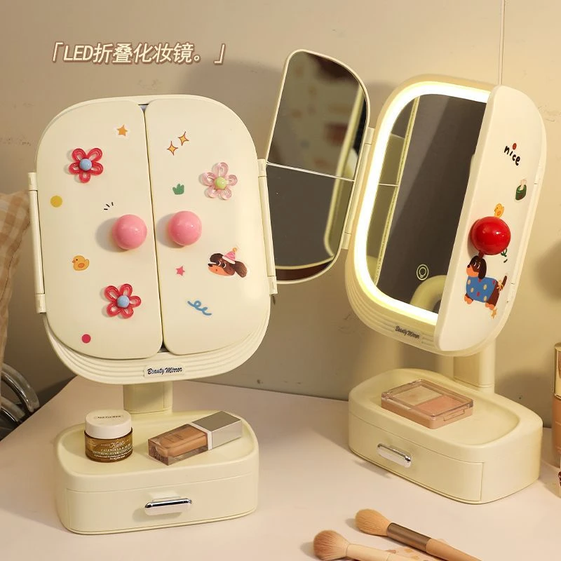 ins风台式桌面化妆镜女生LED补妆镜学生宿舍高级感折叠镜梳妆台