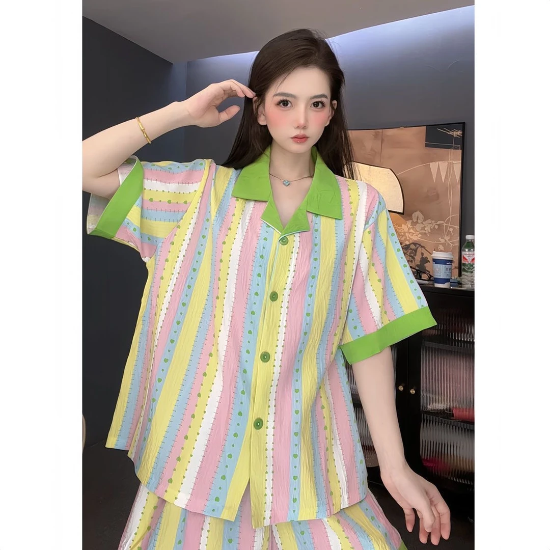 云朵棉卡通宽松短袖短裤睡衣套装女夏季薄款宽松翻领两件套家居服