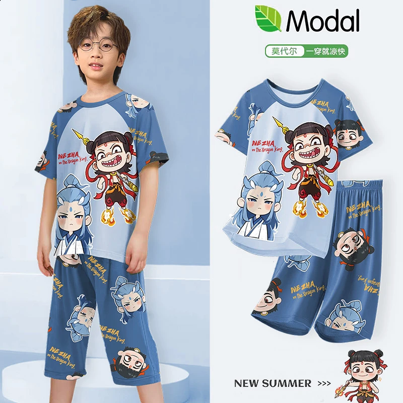 七分裤儿童睡衣莫代尔薄款夏季大童小男孩短袖家居服哪吒2025新款