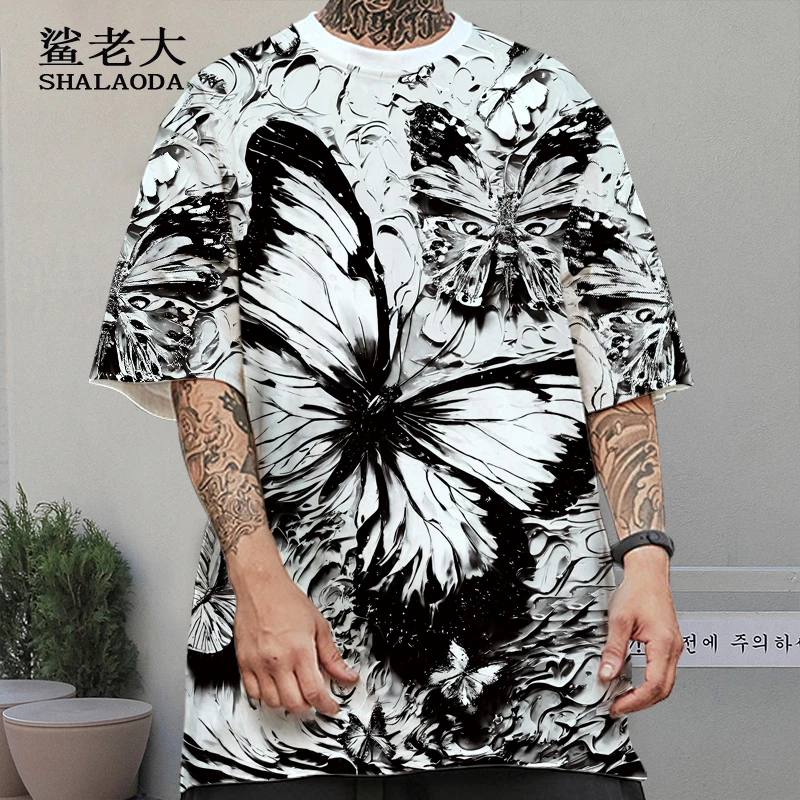 落肩短袖T恤男设计感小众蝴蝶印花半袖夏季薄款大码加肥潮流体恤