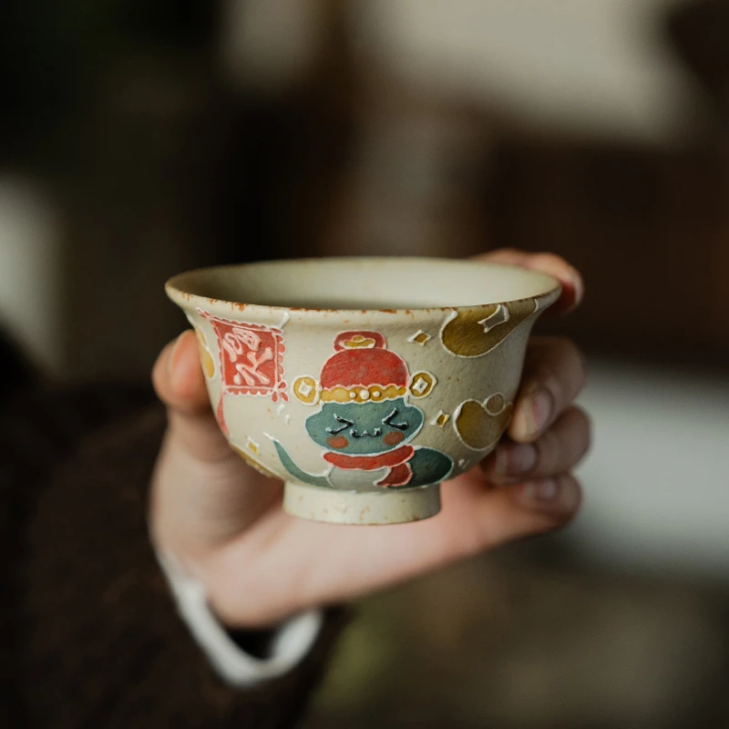 德白火石红压手杯纯手绘蛇行大运陶瓷茶杯个人专用主人杯品茗单杯