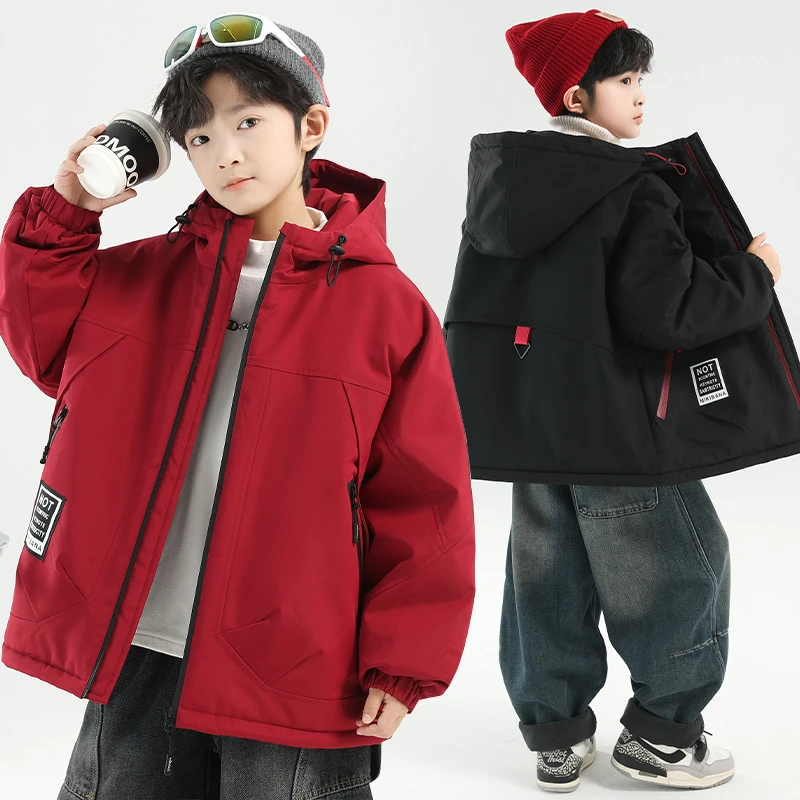 男童加绒外套秋冬款2025新款中大童帅气男孩冬季加厚连帽派克服潮