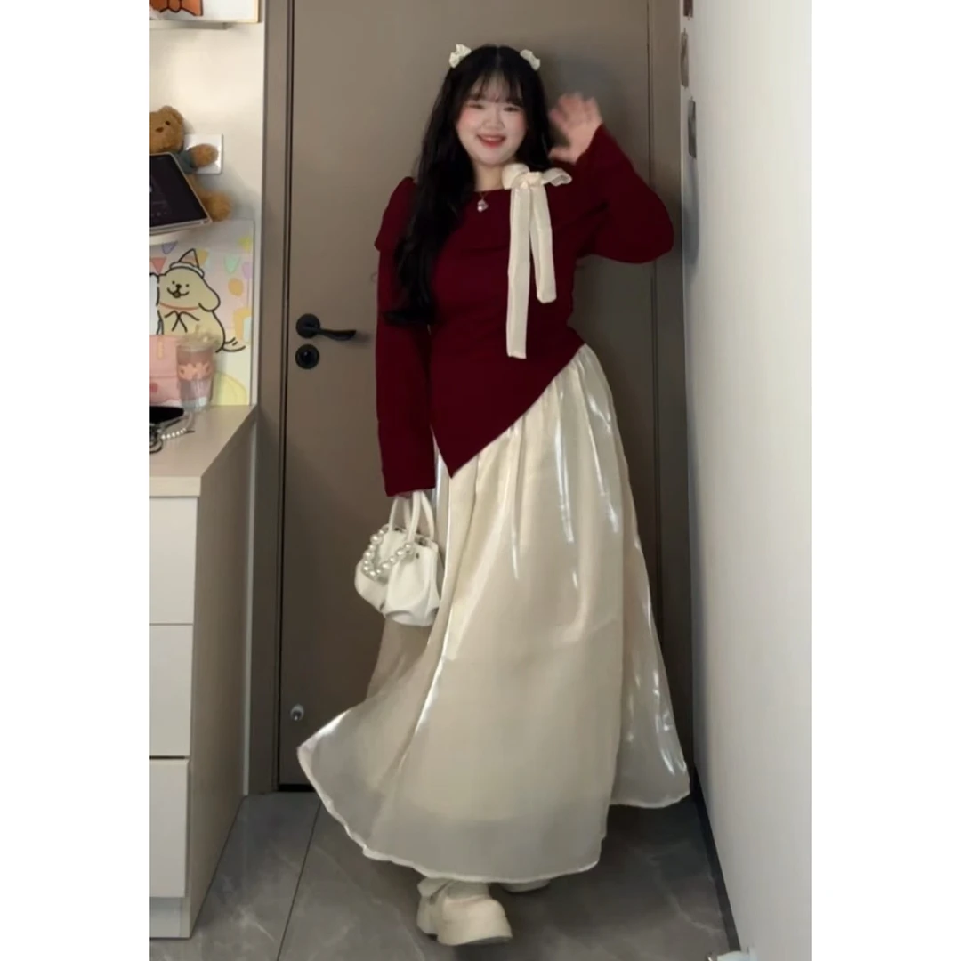 法式富家千金套装女秋冬新款小香风气质红色上衣半身裙两件套