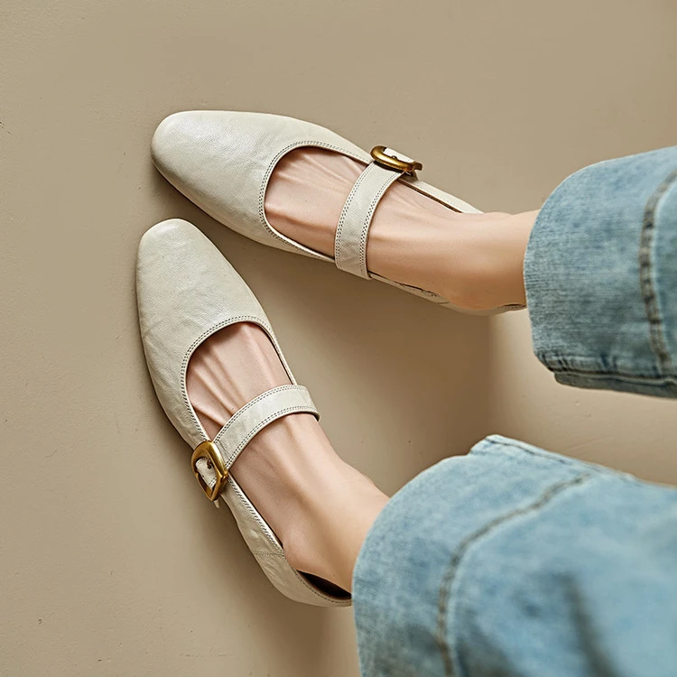 【爱意暖暖】法式复古软底一字带真皮粗跟玛丽珍单鞋女浅口小皮鞋