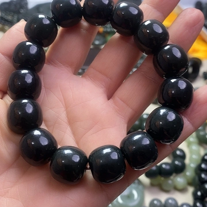 木***子和田玉未镶嵌手链新疆和田黑青玉卡16老型手串