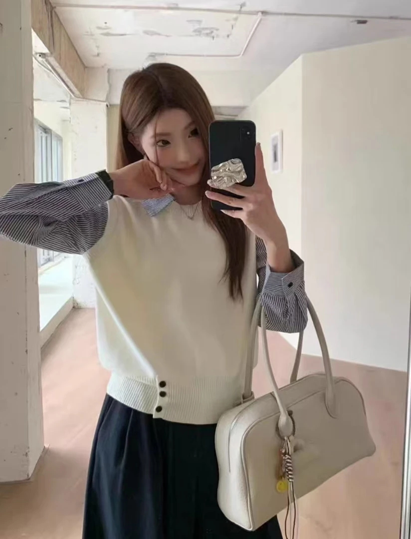 秋季新款法式拼接针织假两件条纹衬衫女装高级设计感长袖针织