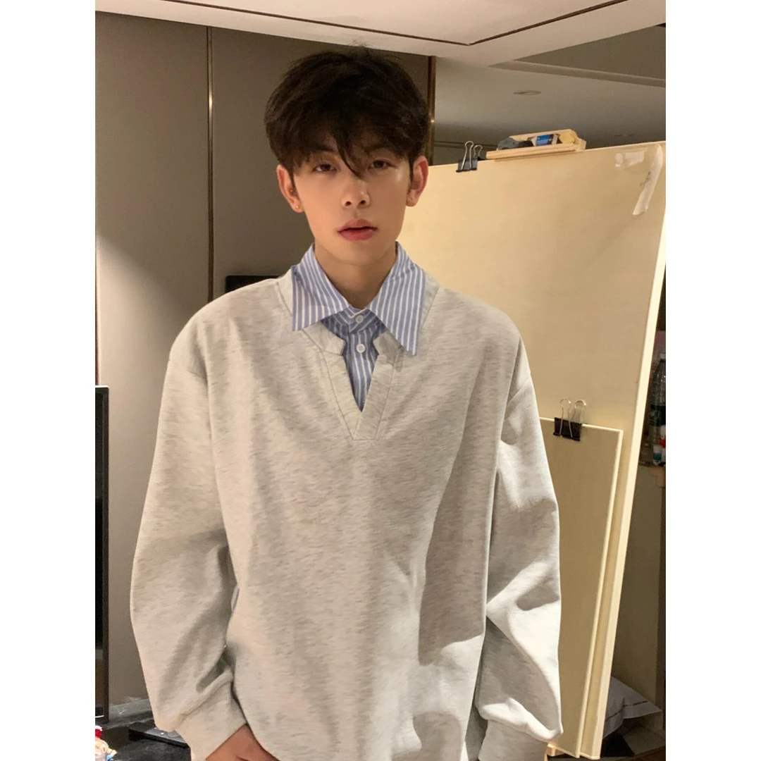 假两件衬衫领重磅质感卫衣男春秋学院风美式潮牌慵懒宽松中山外套