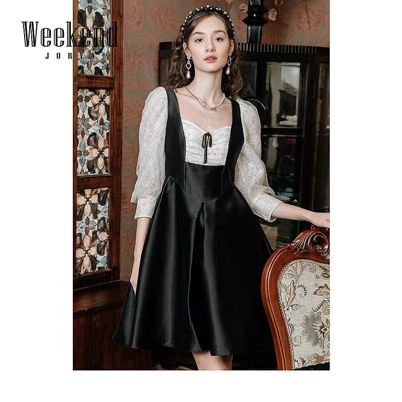 【若谷粉丝专属】卓雅周末秋桃心领钩花泡泡袖拼接连衣裙EJWCCM08