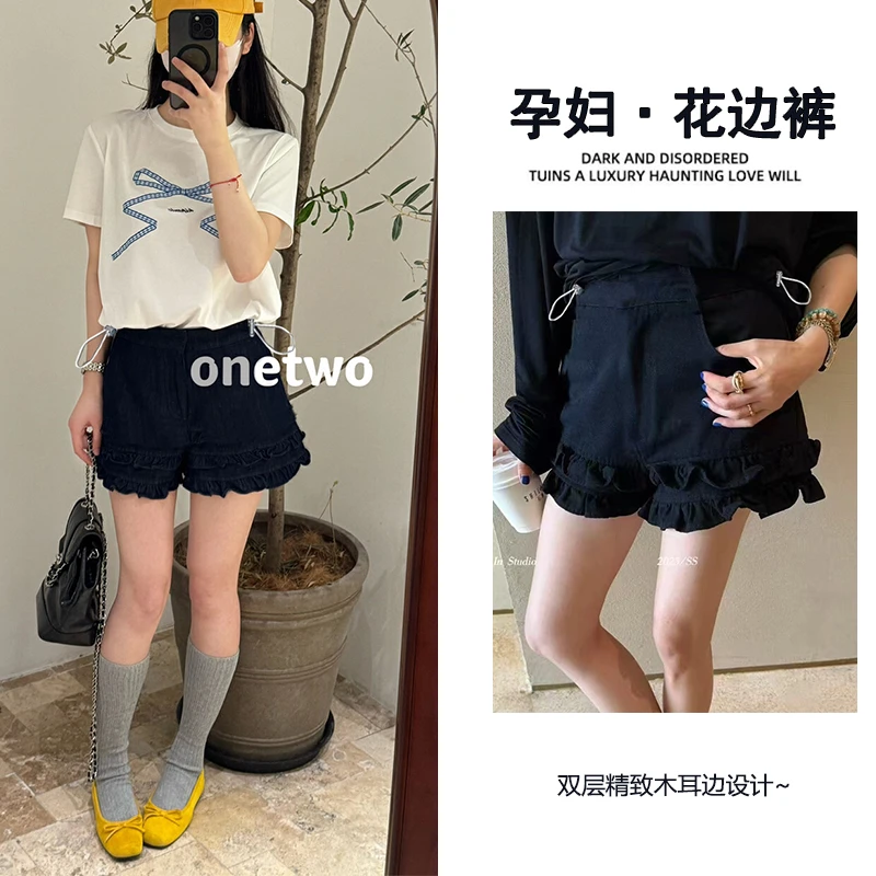 孕妇夏季新款韩系双层木耳花边A字牛仔短裤薄款外穿时尚显瘦短裤