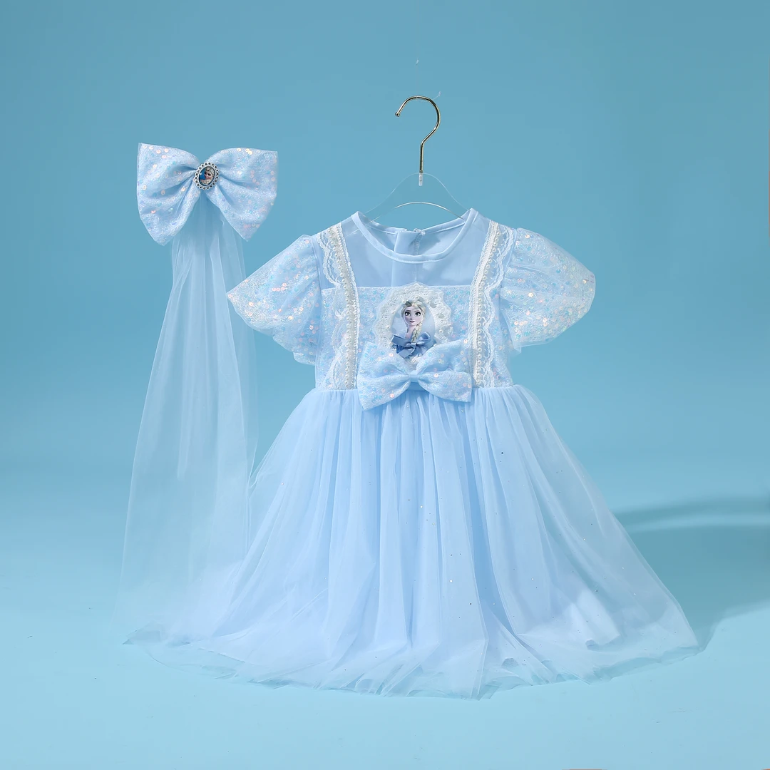 【W】Disney/迪士尼爱莎公主女童洋气短袖淑女公主连衣裙CZ057