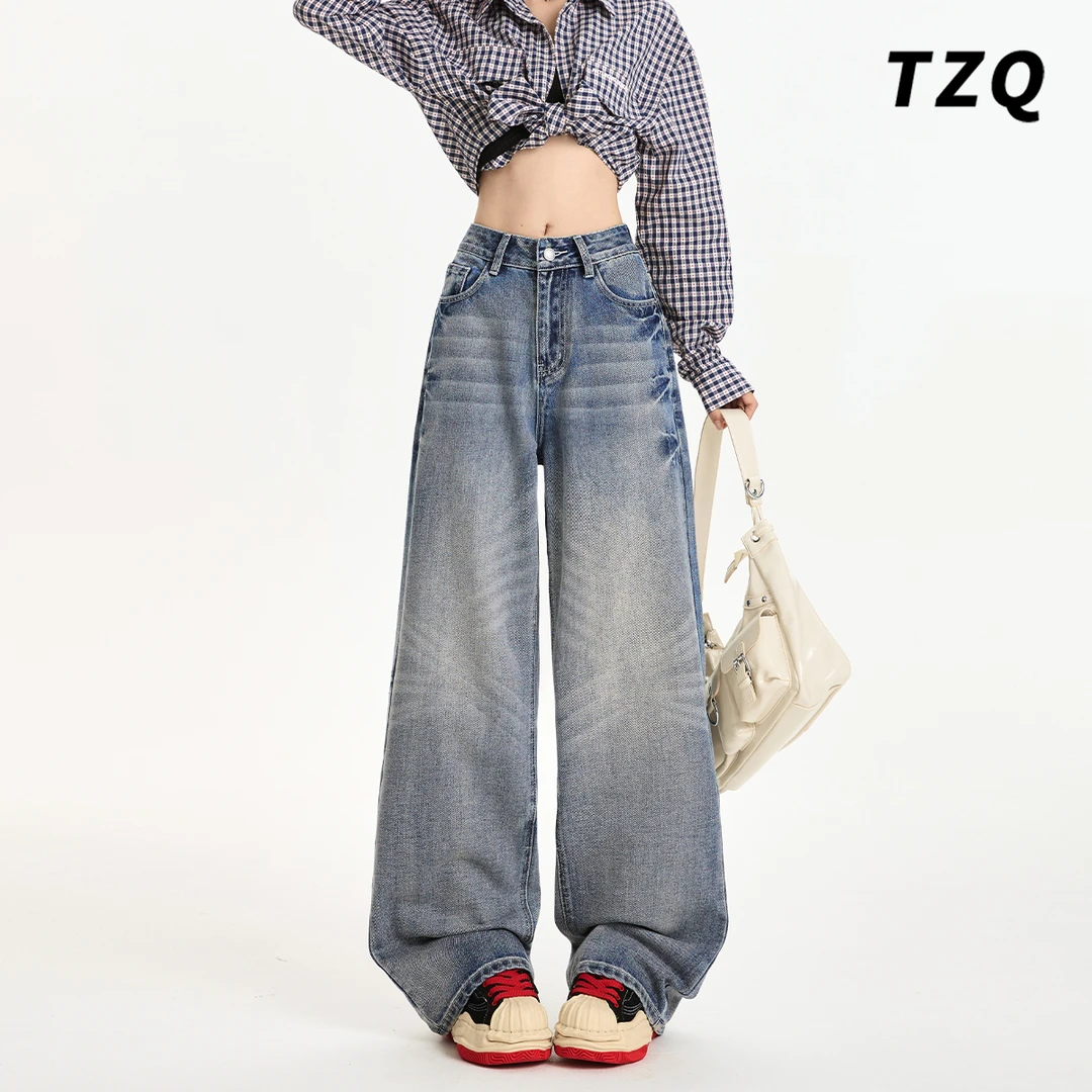 美式复古绣花阔腿牛仔裤女秋季高腰显瘦水洗宽松直筒裤TZQ2590144