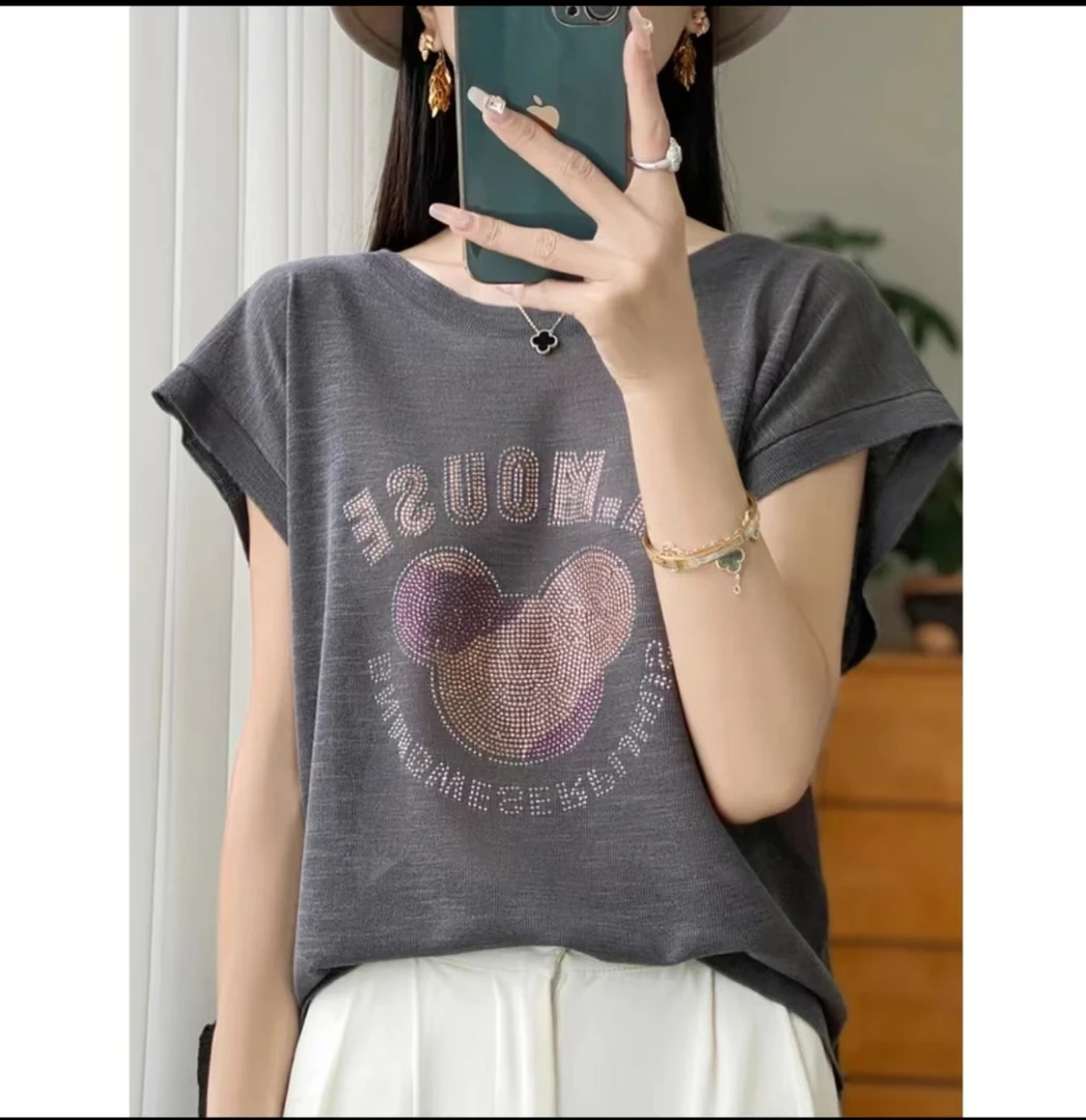 【月月】新款竹节麻~凉快吸汗透气圆领短袖女轻薄宽松T恤烫钻针织衫