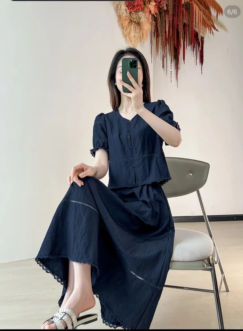 89091#复古长裙泡泡袖收腰中长款显瘦蓝色裙子短袖时尚套装夏装
