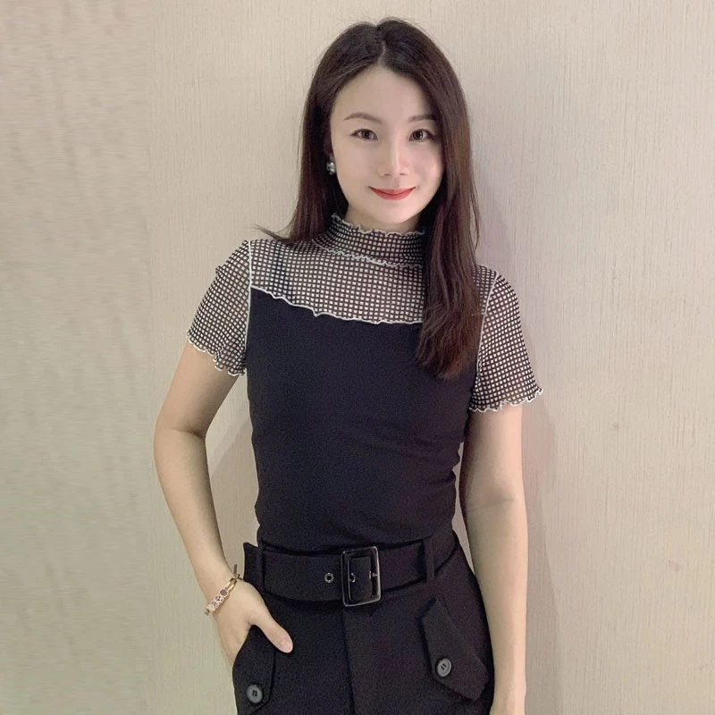 {专柜}商场同款2025春夏百搭木耳立领拼接格子短袖T恤1300643