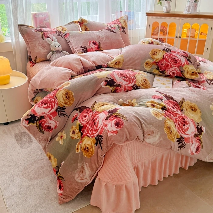 高级法式床盖牛奶绒四件套冬季保暖加厚10斤韩版被罩床裙新款