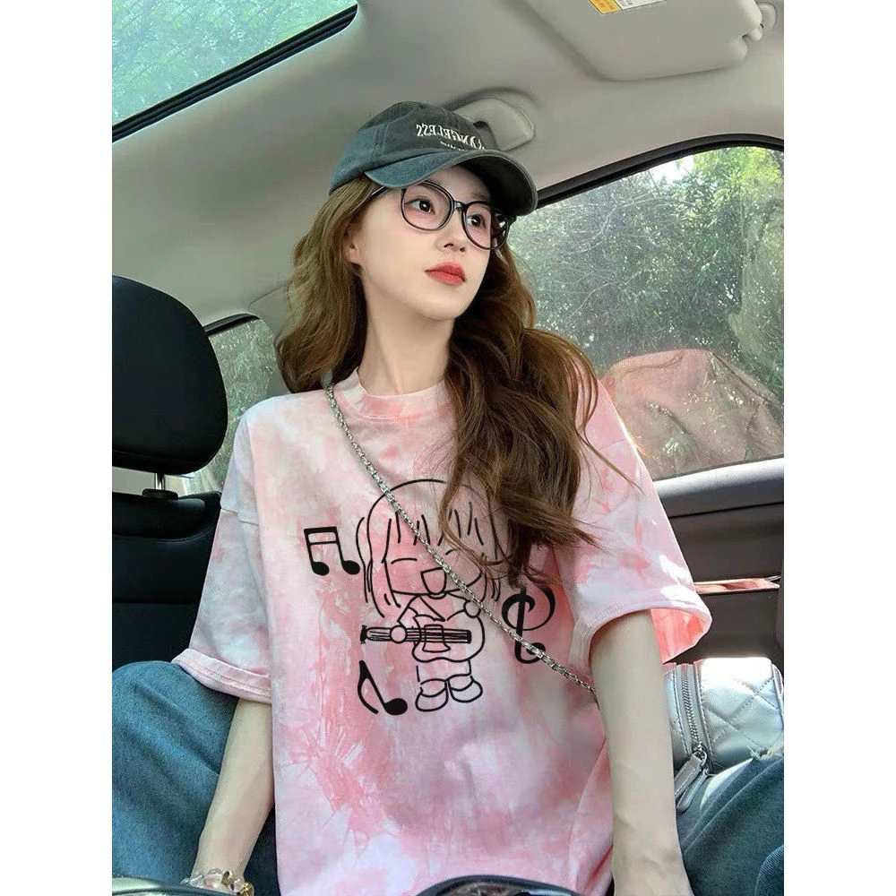 100%纯棉韩系甜美ins风少女感短袖t恤女夏季休闲百搭减龄扎染上衣