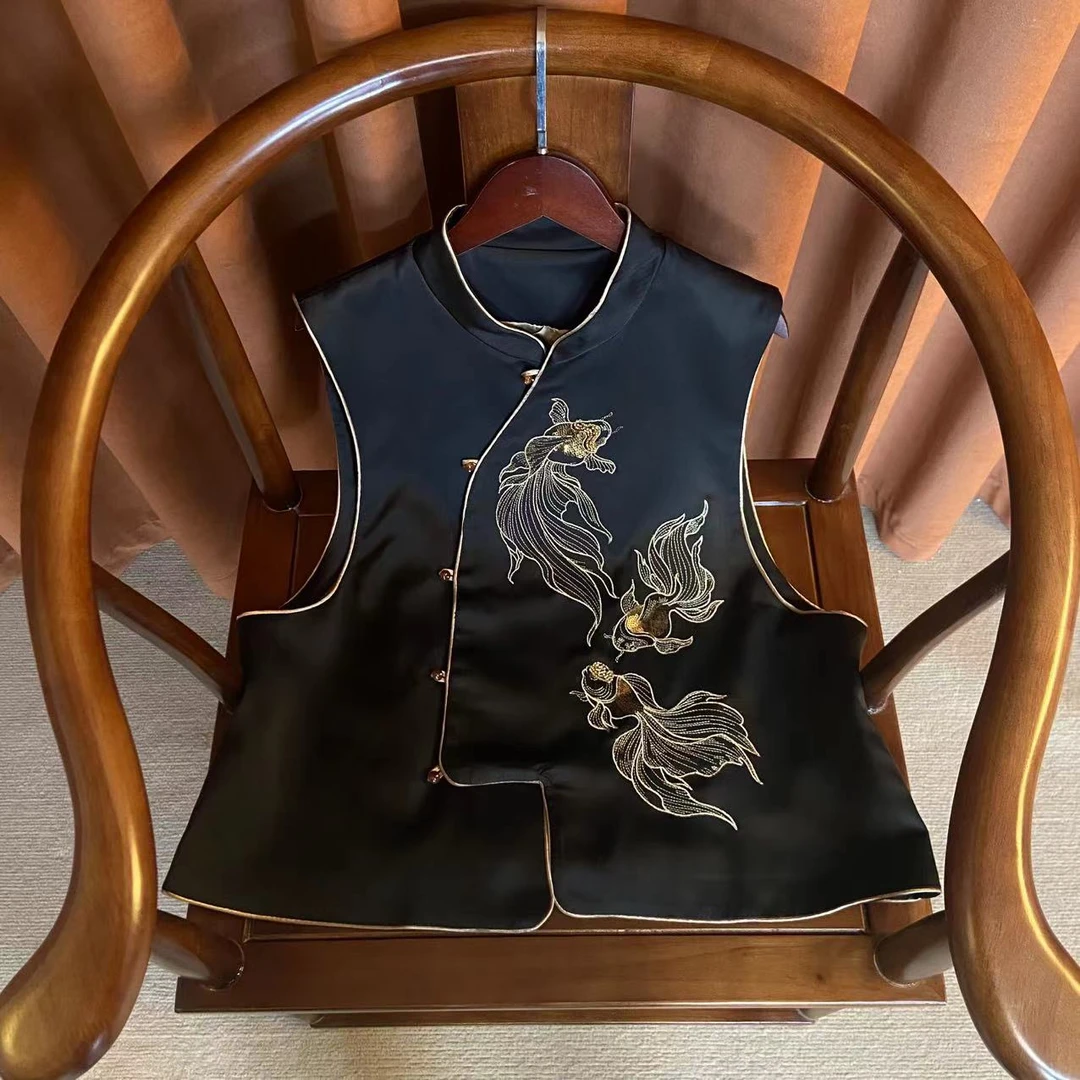 【鱼忧】 时尚女装新中式气质刺绣立领复古高档无袖纯色马夹复古女