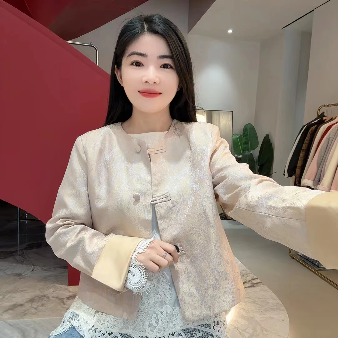 QC 252594 国风设计感显瘦外套盘扣提花上衣新中式印花长袖