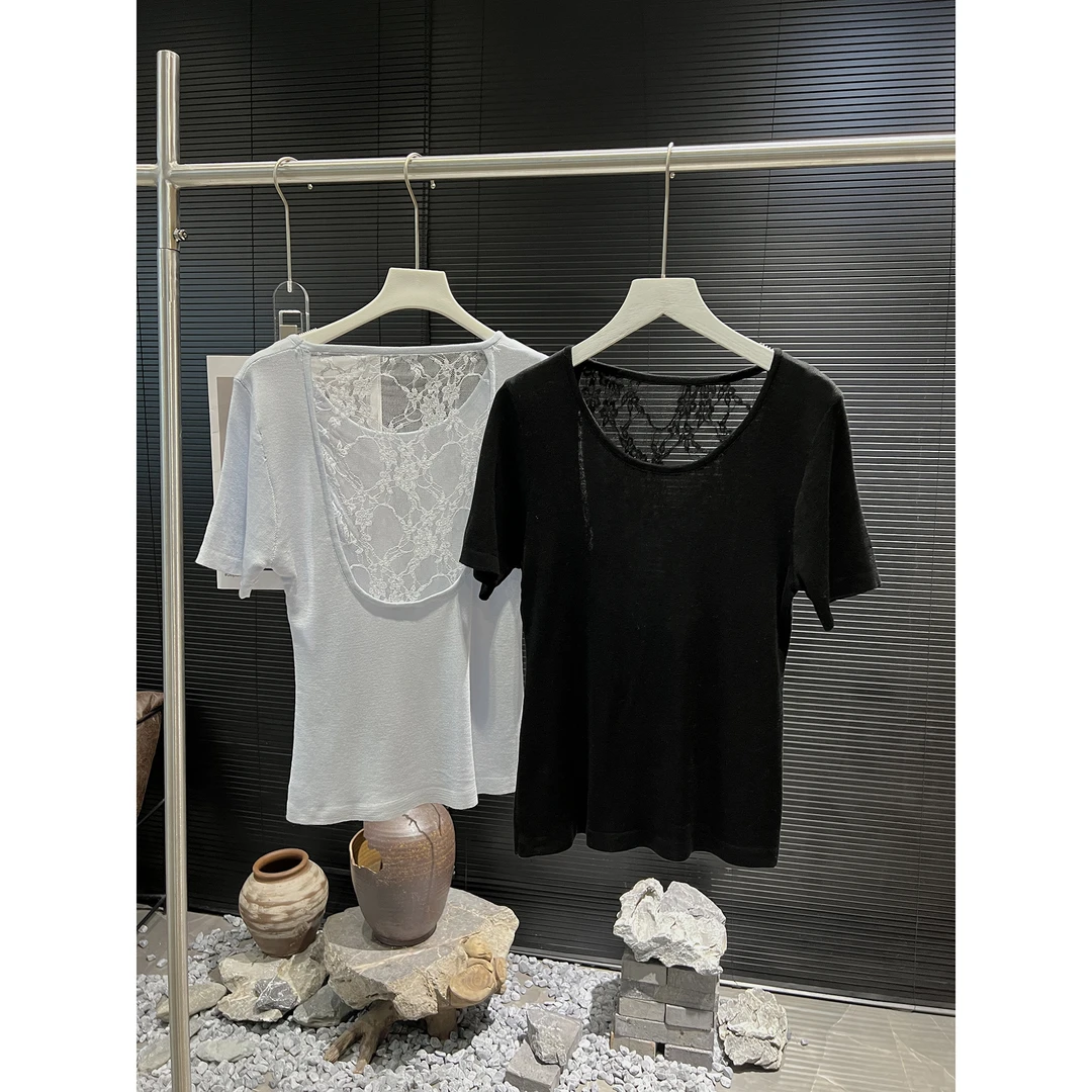 露背蕾丝拼接 短袖针织衫K970（清）