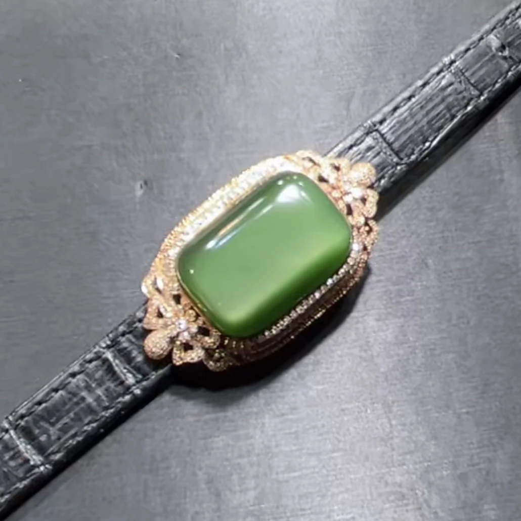 和田玉俄料碧玉帝王绿猫眼手表18k金镶嵌