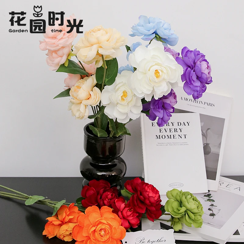 【花园时光】仿真3头山茶花婚庆年宵花装饰情人节花束摄影道具材料