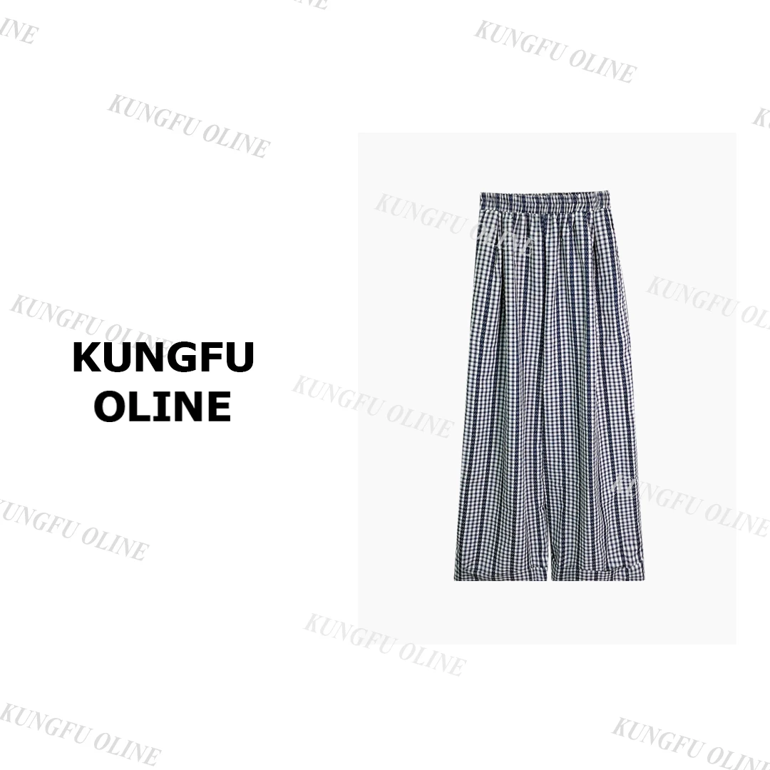 【糖糖】KZ4079春夏印花高腰宽松直筒方格休闲裤松紧腰简约裤子