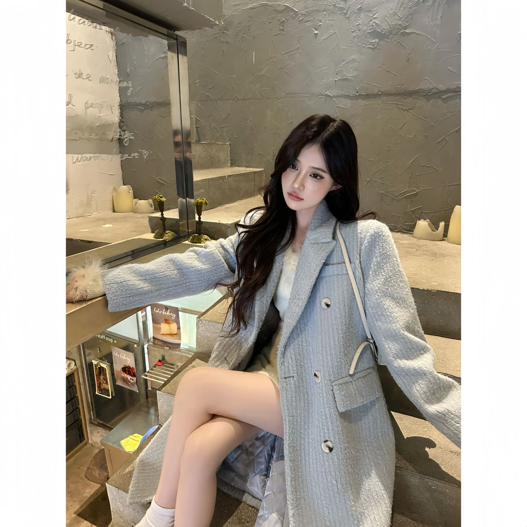 【反季清仓】UM家网红名媛夹棉厚冬季宽松长款西装毛呢子大衣外套女