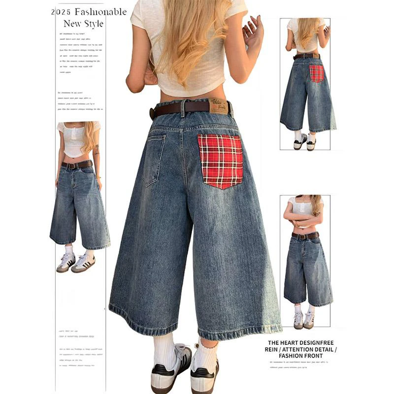 美式格子拼接阔腿牛仔七分裤女夏季短裤大码胖mm宽松显瘦直筒裤子