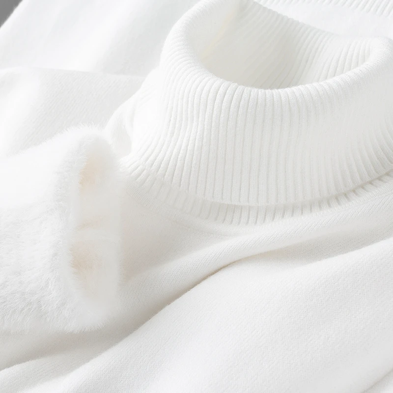 轻奢冬季加绒加厚保暖一体绒高领纯白色毛衣男修身套头针织衫男士