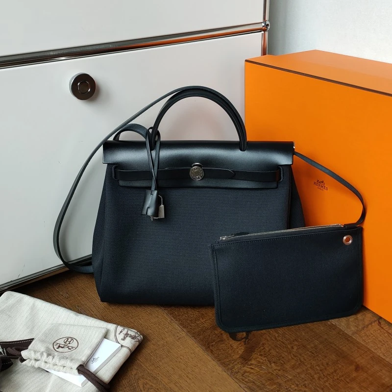 95新 Hermes/爱马仕 Azul - 黑银帆布Herbag31斜挎包 52315