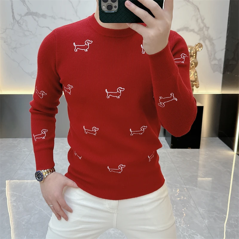 2025秋冬针织衫男轻奢新品时尚圆领印花毛衣打底衫修身本命红5072
