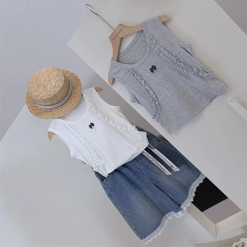 【断码清货】2025夏蝴蝶结珠珠木耳边无袖背心(92%棉) D389 389 X