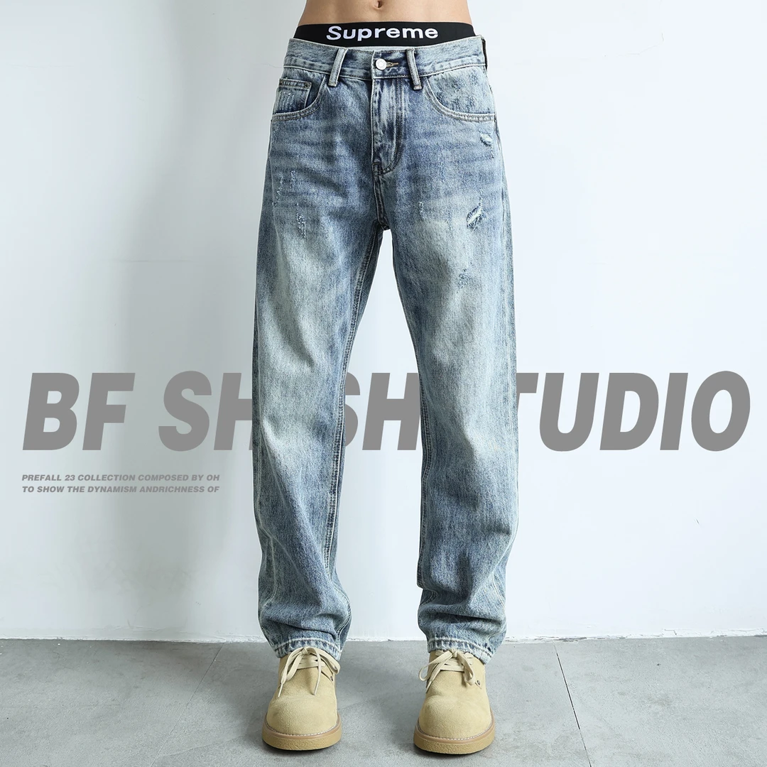 新款牛仔裤男士休闲浅色宽松水洗破洞高端直筒裤秋季复古纯棉长裤