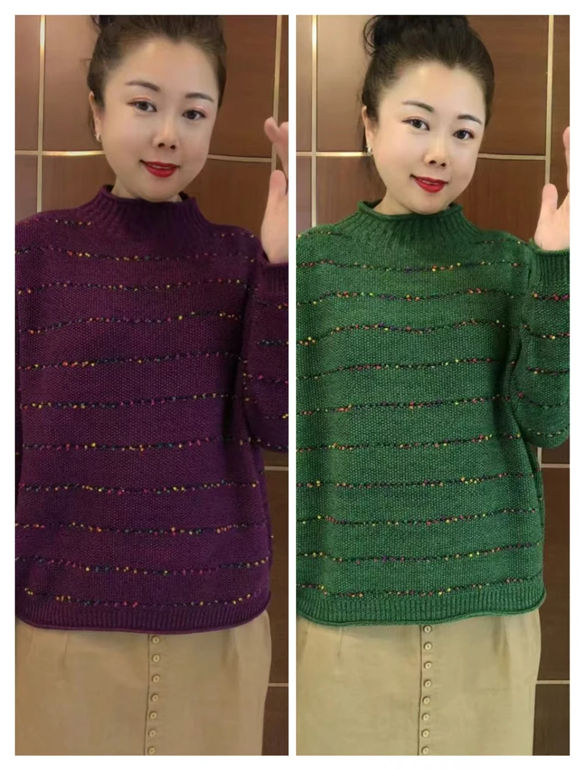 纯棉针织半高领宽松上衣