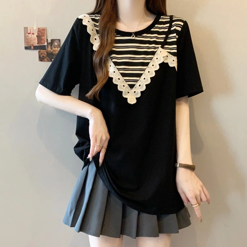 大码设计感条纹花边拼接短袖T恤女夏季胖MM宽松显瘦百搭洋气上衣