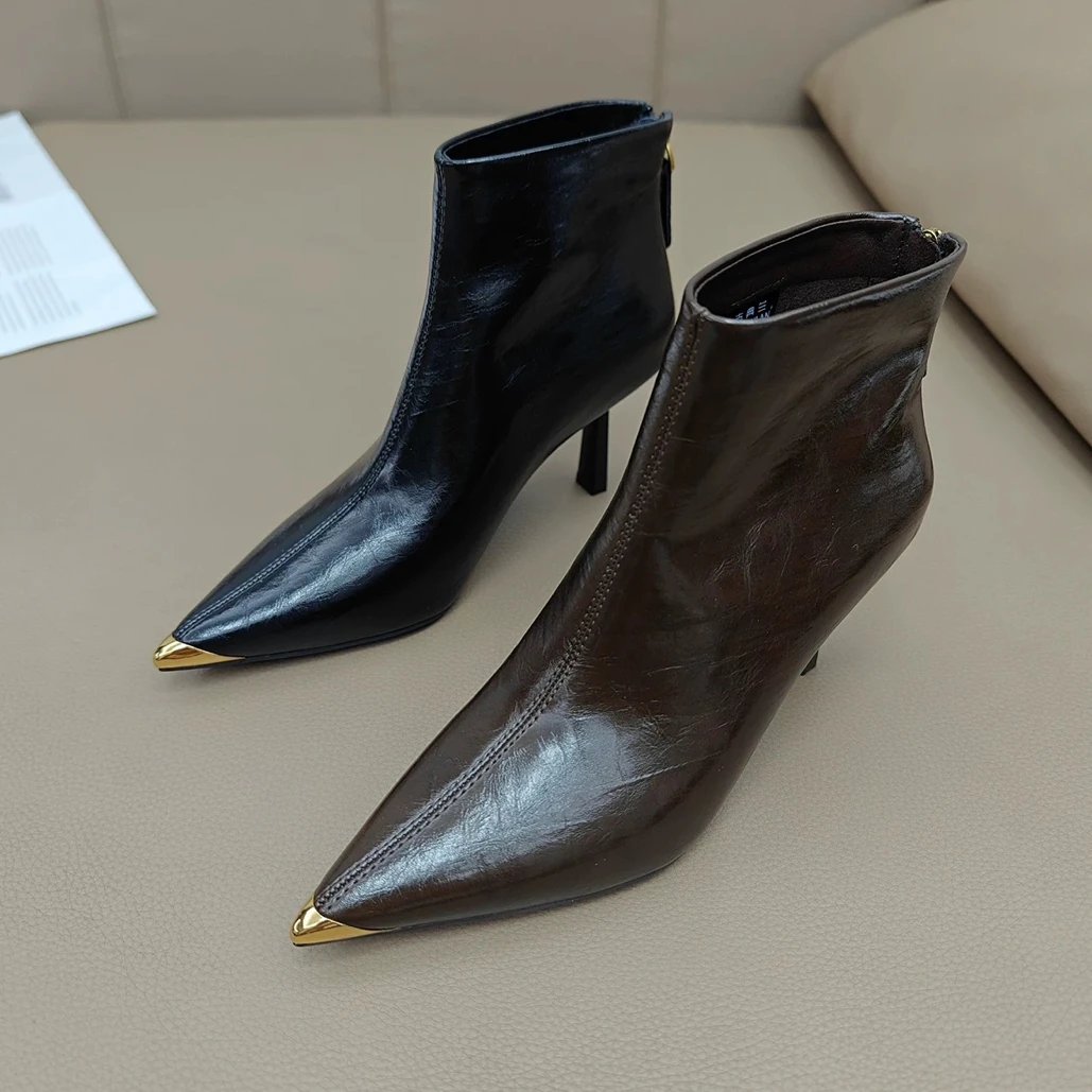 尖头高跟瘦瘦靴法式时尚气质高跟短靴女金属头2025款细跟瘦瘦裸靴