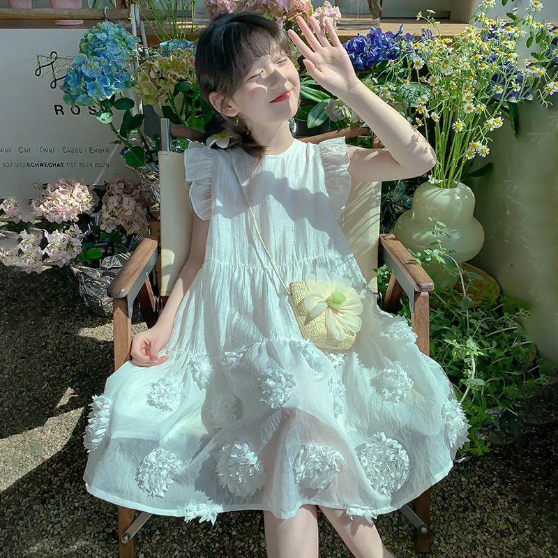 女童夏季纯色连衣裙薄款萝莉塔儿童公主裙小女孩甜美拼接花朵裙子