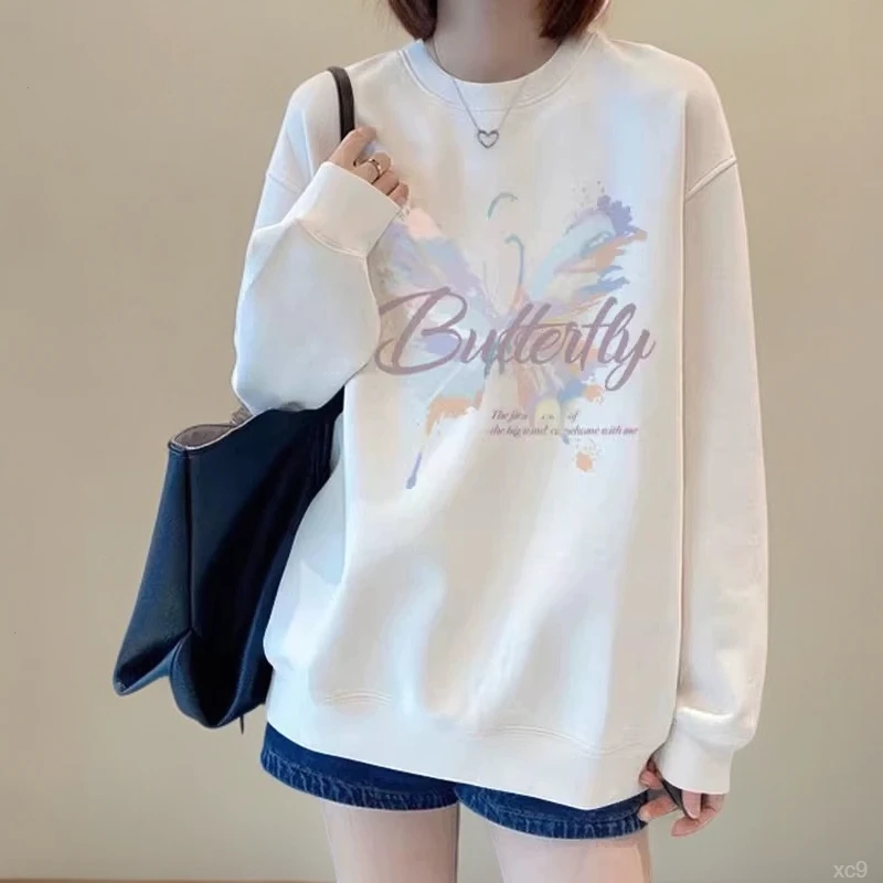 美式潮牌白色休闲圆领卫衣百搭女2025打底新款宽松长袖上衣外套