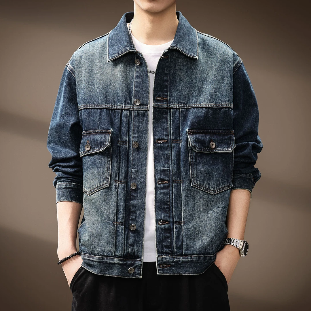 高端美式复古水洗潮牌牛仔外套男士2025秋季新款宽松工装翻领夹克