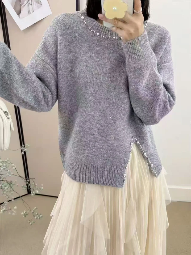 亮片开叉钉珠套头毛衣F23