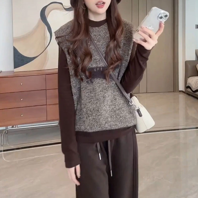 2025秋新款高级感韩系慵懒风马甲显瘦内搭叠穿两件套上衣女