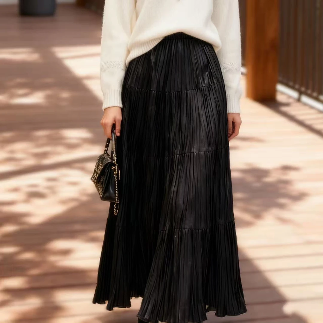 腰68-108长90垂感遮肉A字松紧腰亮面百褶半身裙 4132