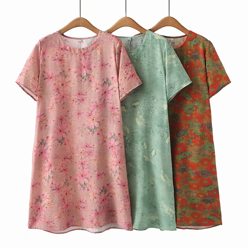 大码气质薄款圆领休闲风碎花中长裙中老年女装妈妈装民族风国风